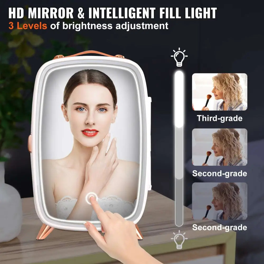 Luxury skin care 6l vevor mini fridge with white rectangular vanity mirror featuring rose gold accents and led lighting