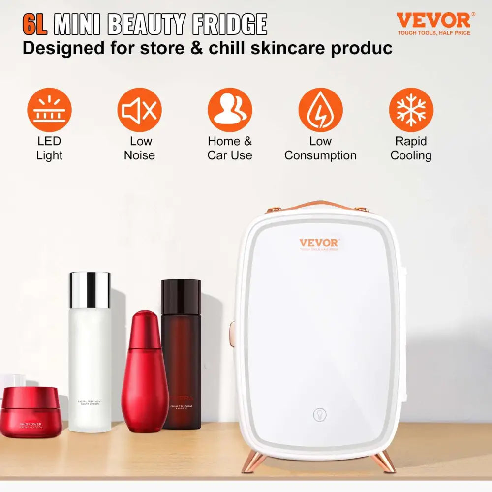 White vevor 6l mini beauty fridge with rose gold accents designed for luxury skin care product chilling with mirror