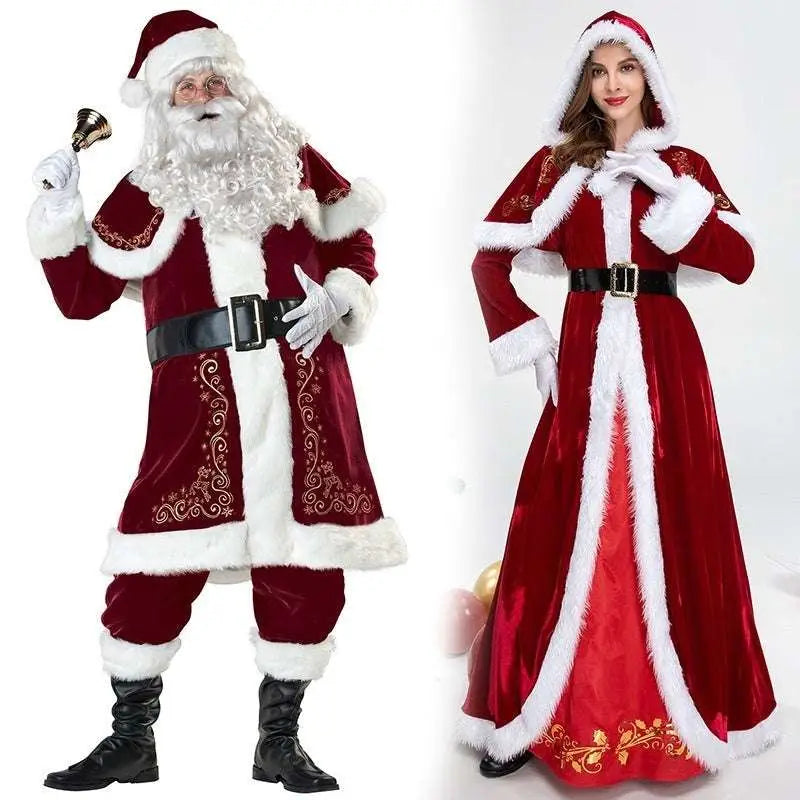 Luxury women’s clothing red velvet santa claus ball performance costume with white fur trim and gold embroidery