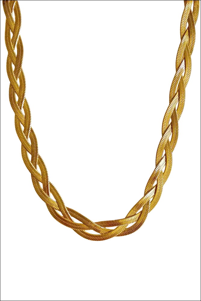 A sleek gold luxury women’s fashion braided herringbone chain necklace with textured interwoven design