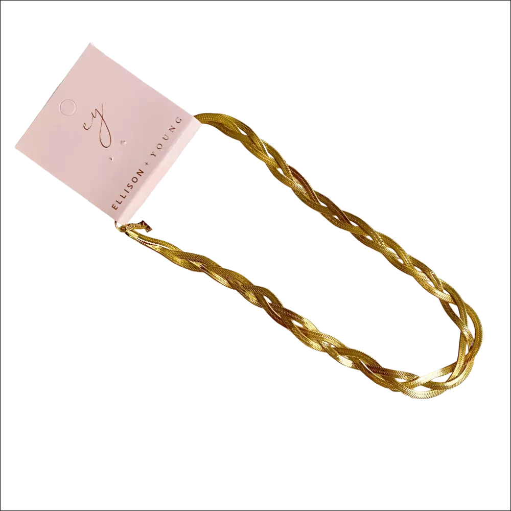 Luxury women’s fashion gold braided herringbone chain strap necklace by ellison young for elegant beaded evening gowns