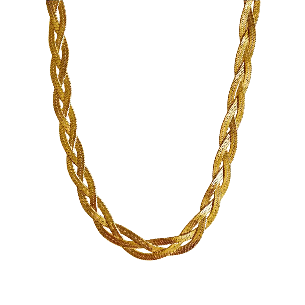 A sleek gold luxury women’s fashion braided herringbone chain necklace with textured interwoven design