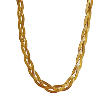 A sleek gold luxury women’s fashion braided herringbone chain necklace with textured interwoven design