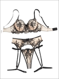 Beige and black lace luxury women’s fashion lingerie set with floral embroidery suitable for 9inwaist size