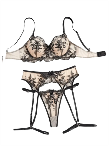 Beige and black lace luxury women’s fashion lingerie set with floral embroidery suitable for 9inwaist size