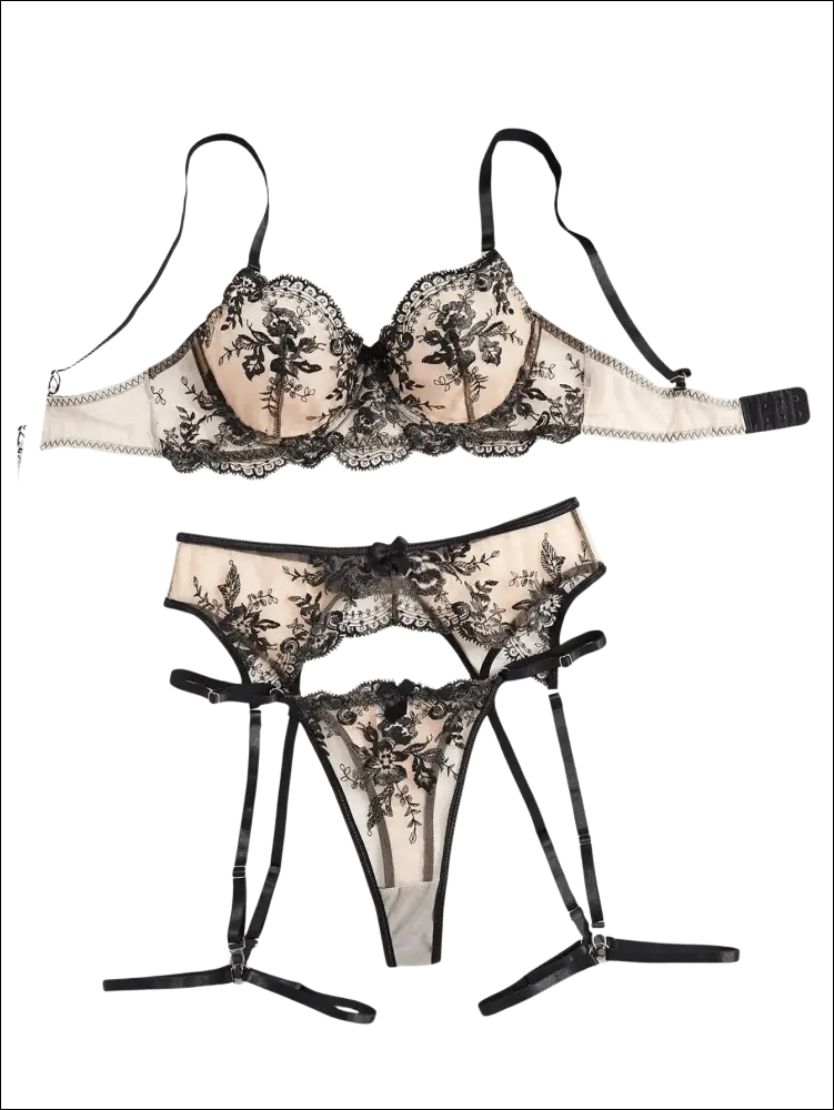 Beige and black lace luxury women’s fashion lingerie set with floral embroidery suitable for 9inwaist size