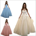 Luxury women’s fashion floral lace wedding dress with fitted bodice and tulle skirt in light blue ivory or blush pink