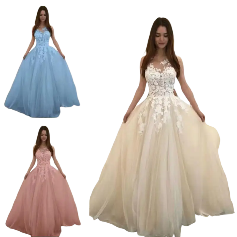 Luxury women’s fashion floral lace wedding dress with fitted bodice and tulle skirt in light blue ivory or blush pink