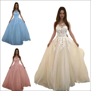 Luxury women’s fashion floral lace wedding dress with fitted bodice and tulle skirt in light blue ivory or blush pink