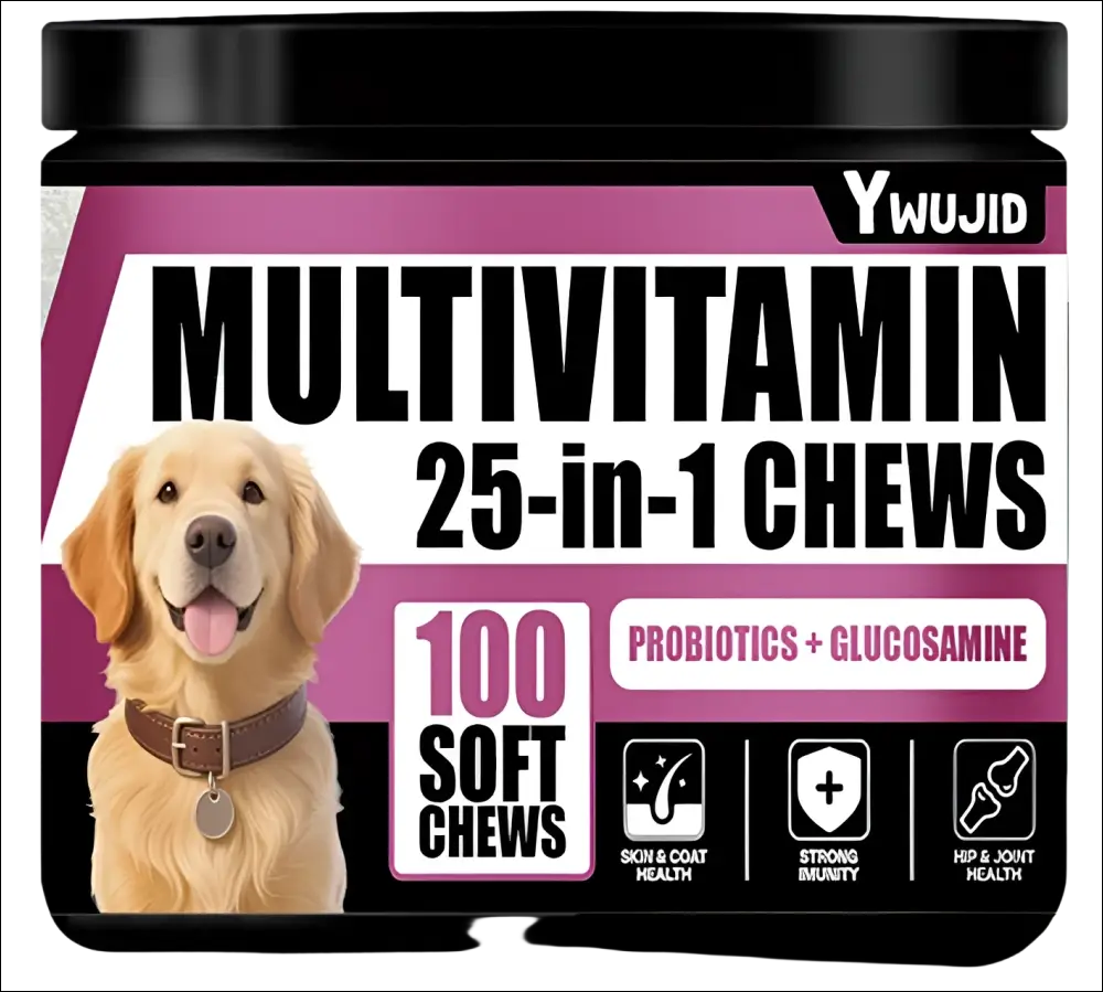 Ywujid luxury women’s fashion immune supplement chews in black jar with purple label featuring golden retriever image