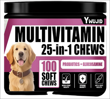 Ywujid luxury women’s fashion immune supplement chews in black jar with purple label featuring golden retriever image