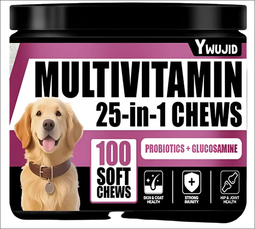 Ywujid luxury women’s fashion immune supplement chews in black jar with purple label featuring golden retriever image