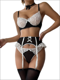 Luxury women’s fashion black and white lace lingerie set with garter straps showcasing elegant delicate design