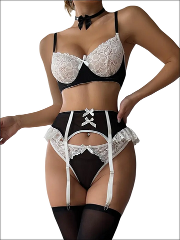 Luxury women’s fashion black and white lace lingerie set with garter straps showcasing elegant delicate design