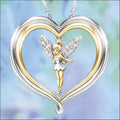 A luxury women’s fashion heart-shaped pendant necklace with gold and silver tinker bell and sparkling wings