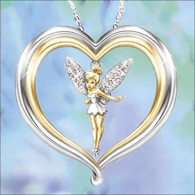 A luxury women’s fashion heart-shaped pendant necklace with gold and silver tinker bell and sparkling wings