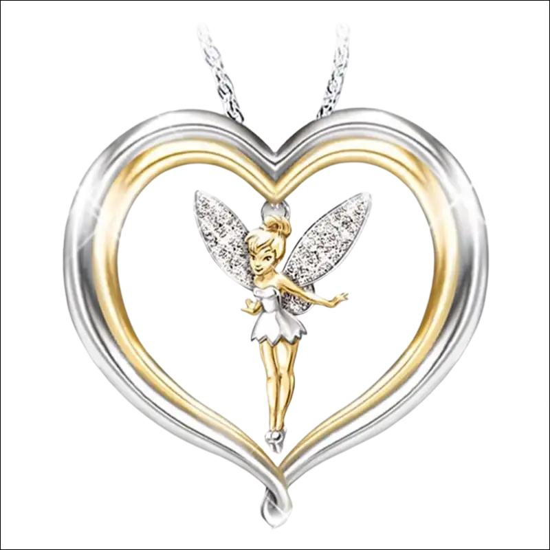 Luxury women’s fashion Tinker Bell pendant with gold silver heart and sparkling wings featuring white dress design