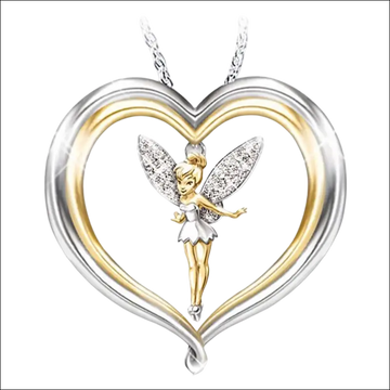 Luxury women’s fashion Tinker Bell pendant with gold silver heart and sparkling wings featuring white dress design