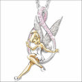 Luxury women’s fashion tinker bell pendant in silver and gold with sparkling wings and pink ribbon accent on a dangling chain