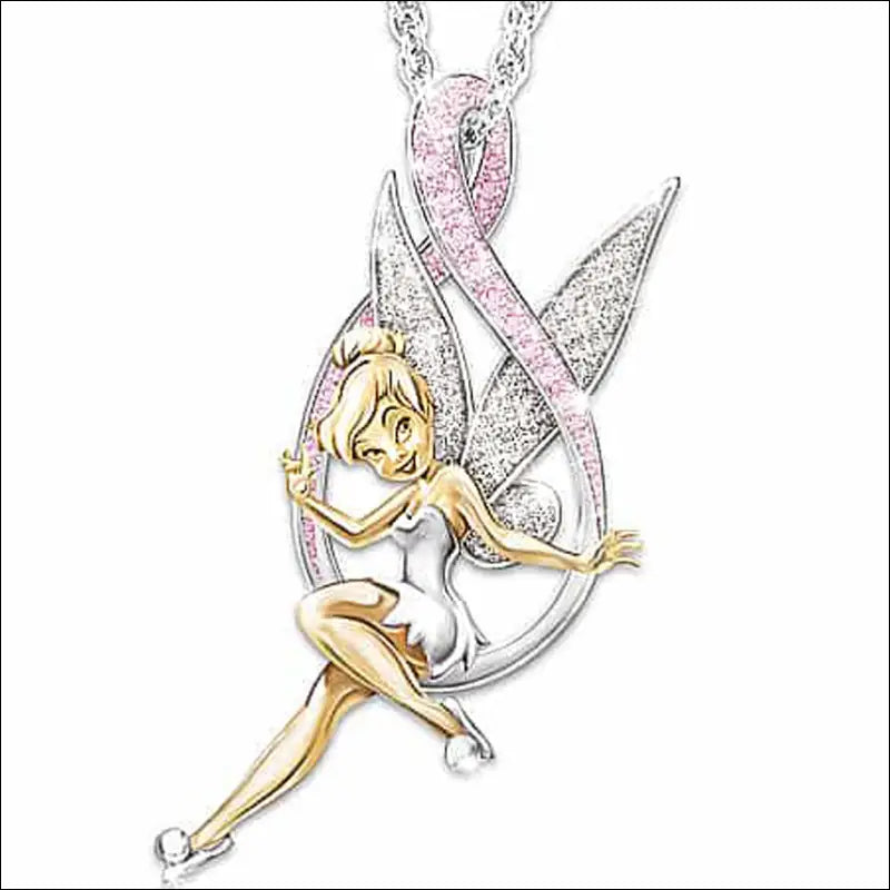 Luxury women’s fashion tinker bell pendant in silver and gold with sparkling wings and pink ribbon accent on a dangling chain