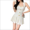 Luxury women’s fashion white tweed mini dress with square neckline gold buttons and pleated skirt perfect for elegant wear