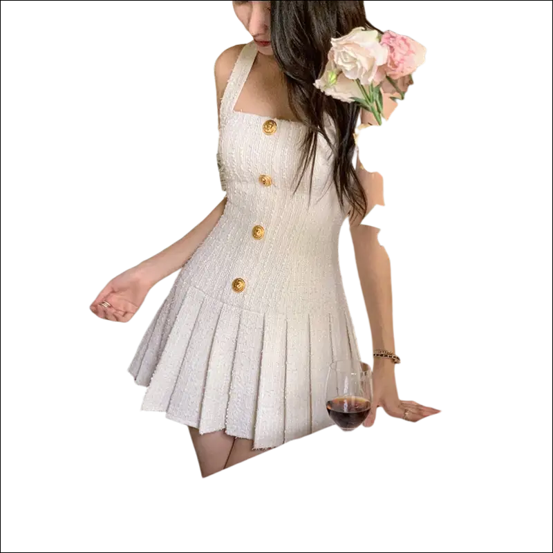 Luxury women’s fashion cream-colored tweed mini dress with square neckline shoulder straps and gold-tone buttons down front