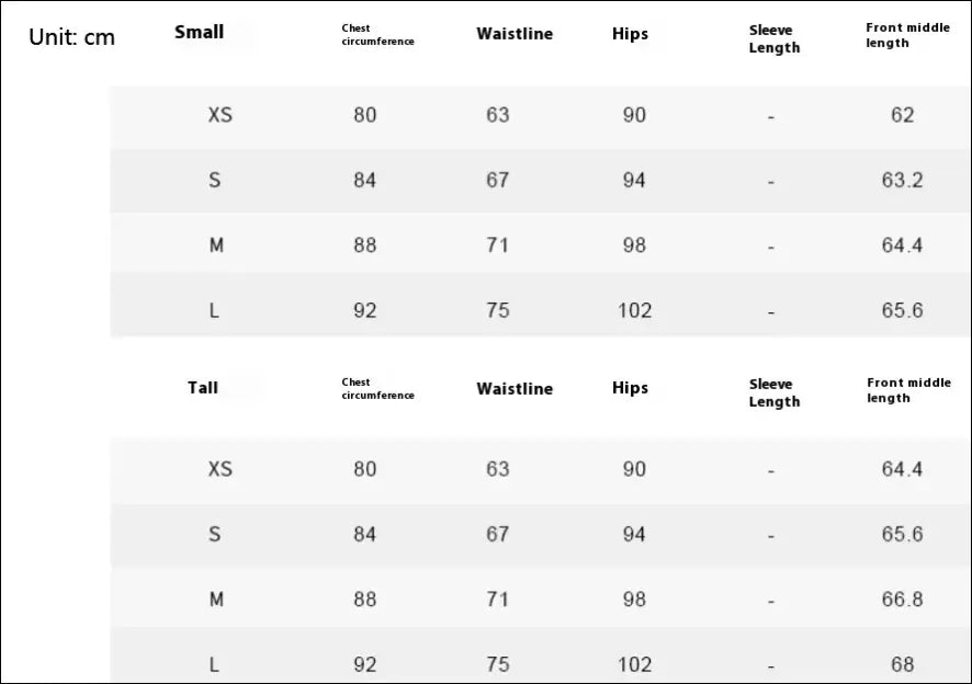 Size chart in centimeters for luxury women’s fashion tweed mini dress in sizes xs through l and tall, plus size dresses
