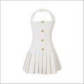 Luxury women’s fashion white tweed halter mini dress with gold-tone buttons and pleated skirt for elegant occasions
