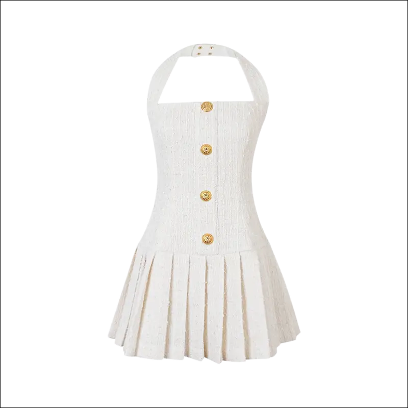 Luxury women’s fashion white tweed halter mini dress with gold-tone buttons and pleated skirt for elegant occasions
