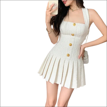 Luxury women’s fashion white tweed mini dress with gold buttons square neckline and pleated skirt for elegant occasions