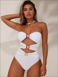 Luxury women’s fashion white strapless one-piece swimsuit with gold star buckles and cut-out details