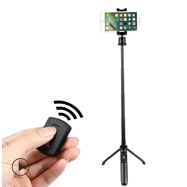Black m070 bluetooth selfie stick with remote control featuring extendable tripod base and phone mount for hands-free photography
