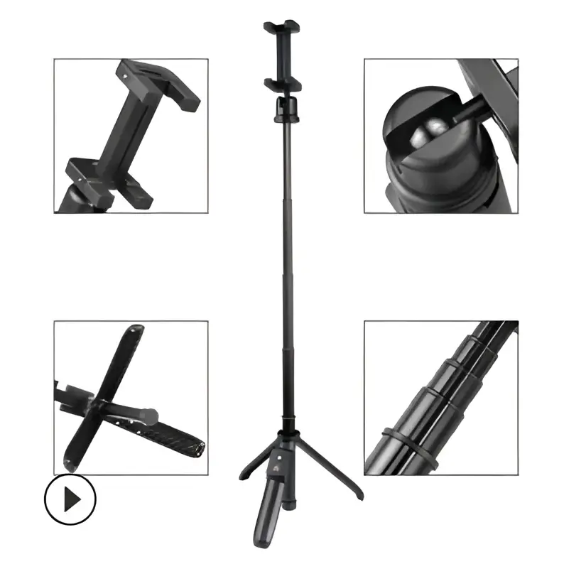 Black m070 bluetooth selfie stick with tripod base and phone clamp for hands-free photography and remote control use