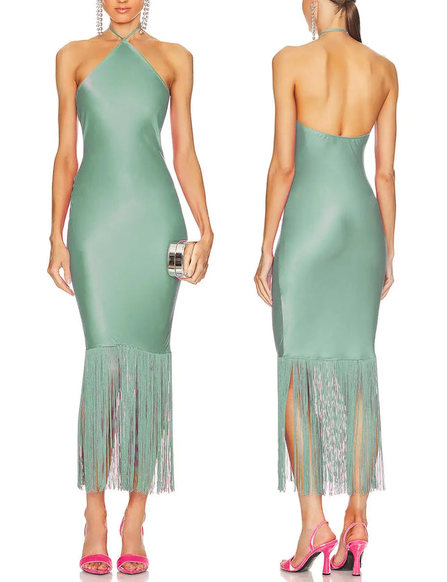 JLCNCUE Women Halter Neck Bodycon Midi Dress Fringe Hem Dress Sleeveless Open Back Tassels Cocktail Party Dress 262(LargeMint Green)