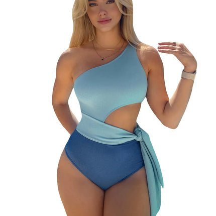 MakeMeChic Womens One Piece Swimsuit Neon Swimsuit Tummy Control Color Block One Shoulder Sexy Bathing Suit Blue B S