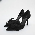 Black suede magenta flower high heels with pointed toe beautiful pumps adorned with layered fabric flowers and embellishment