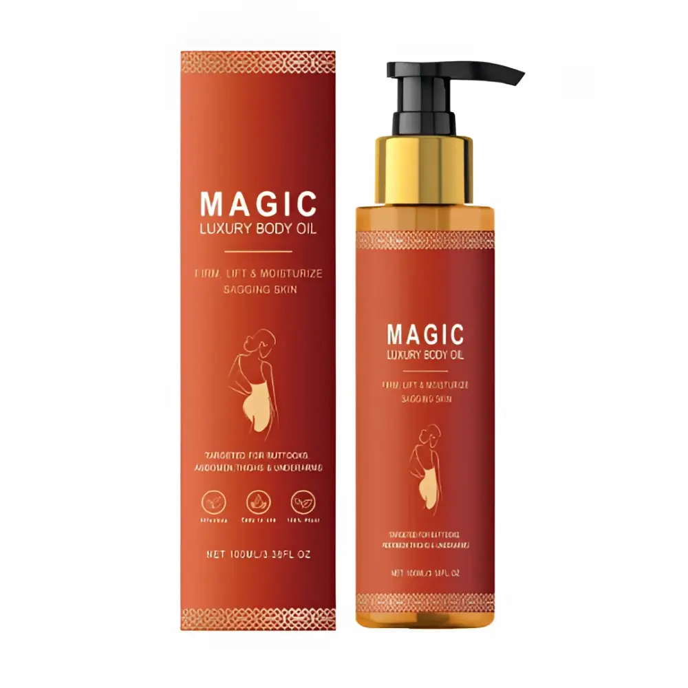 Golden pump bottle of magic luxury body oil with amber liquid and black pump next to orange luxury body oil box