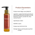 A sleek amber glass bottle of magic luxury body oil with gold-tone pump and jojoba seed and lavender oils label