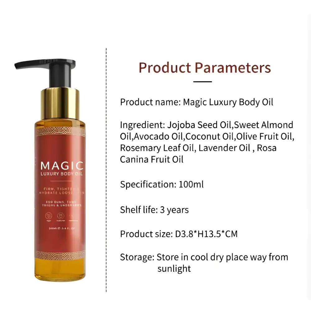 A sleek amber glass bottle of magic luxury body oil with gold-tone pump and jojoba seed and lavender oils label
