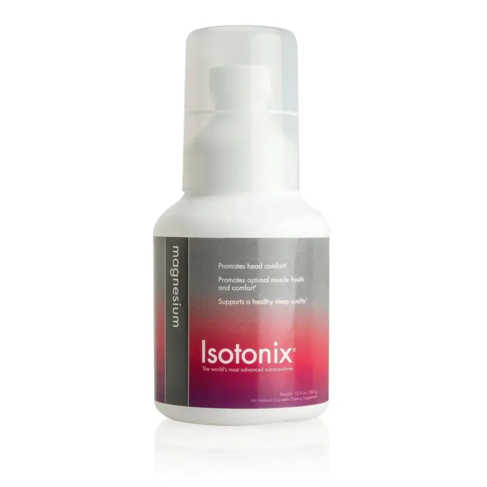 White plastic spray bottle with gradient pink to purple Isotonix label supports muscle health and bone health formula