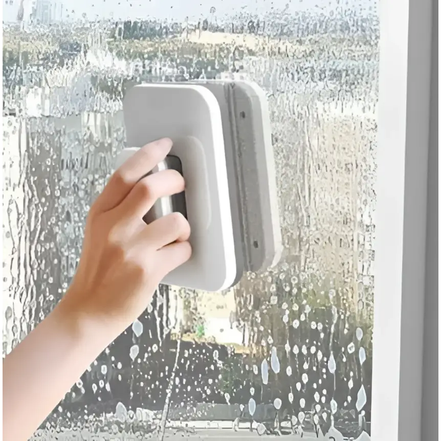 Magnetic double-sided wipe window squeegee with gray soft rubber blade and ergonomic handle for efficient double-sided wipe cleaning