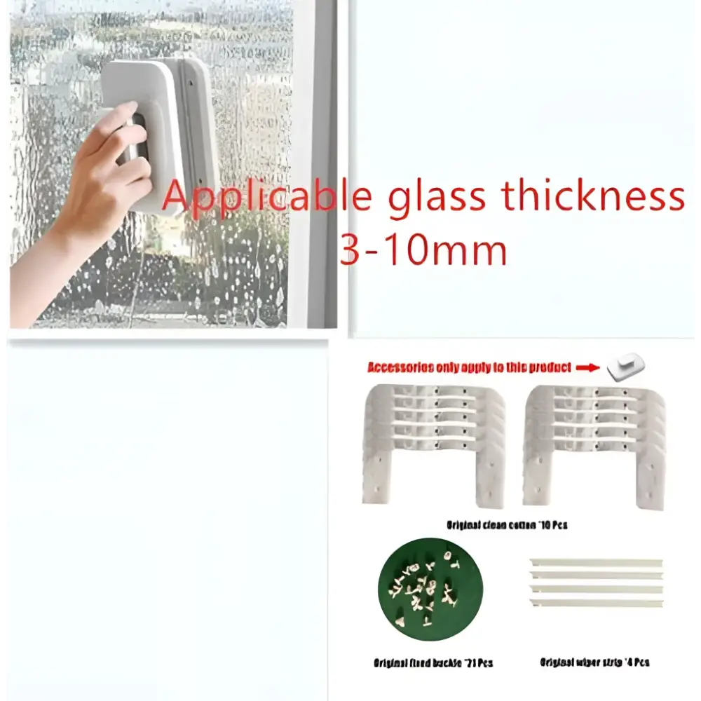 White rectangular glass cleaner with soft rubber grip and suction cup base for efficient double-sided wipe use