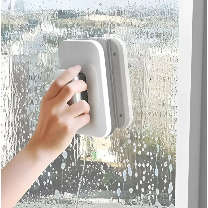 Gray plastic magnetic double-sided wipe window squeegee with black handle efficiently cleans soapy windows