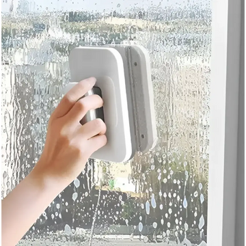 Gray plastic magnetic double-sided wipe window squeegee with black handle efficiently cleans soapy windows