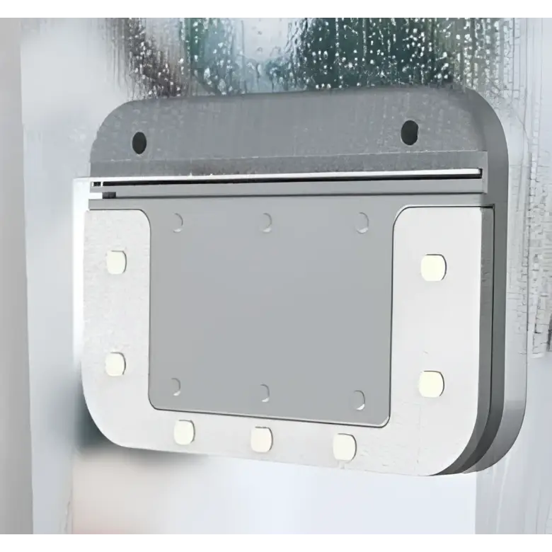 Silver-framed led wall-mounted light with bright white lights complementing magnetic double-sided wipe window squeegee design