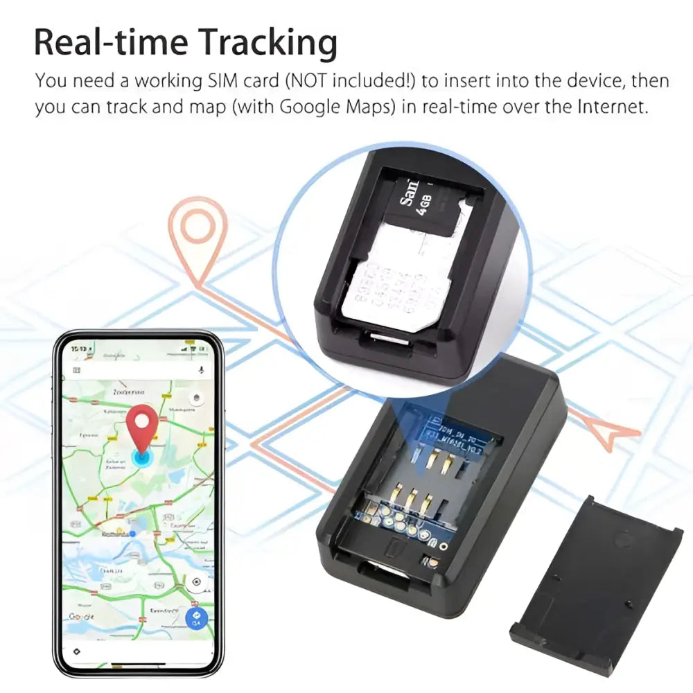 Black plastic magnetic gf07 mini gps real time tracker showing sim card slot and internal circuit board