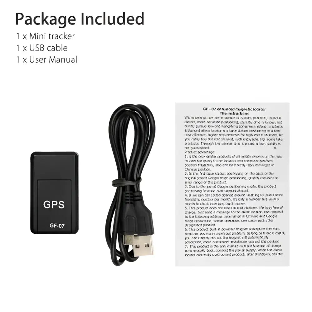 Black rectangular magnetic gf07 mini gps real time tracker with gps and gf07 printed and coiled usb cable