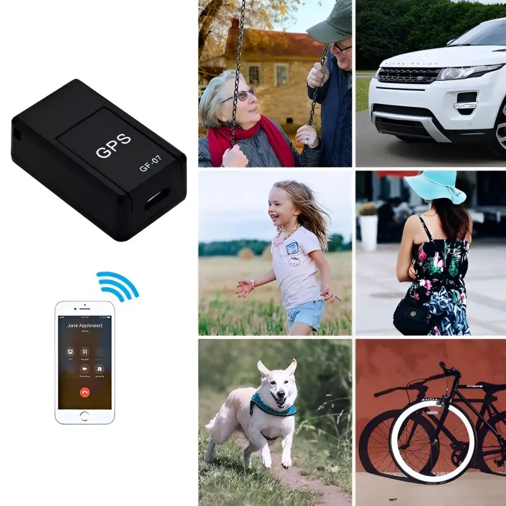 Black rectangular magnetic gf07 mini real time tracker with gps and gf-01 printed on its surface