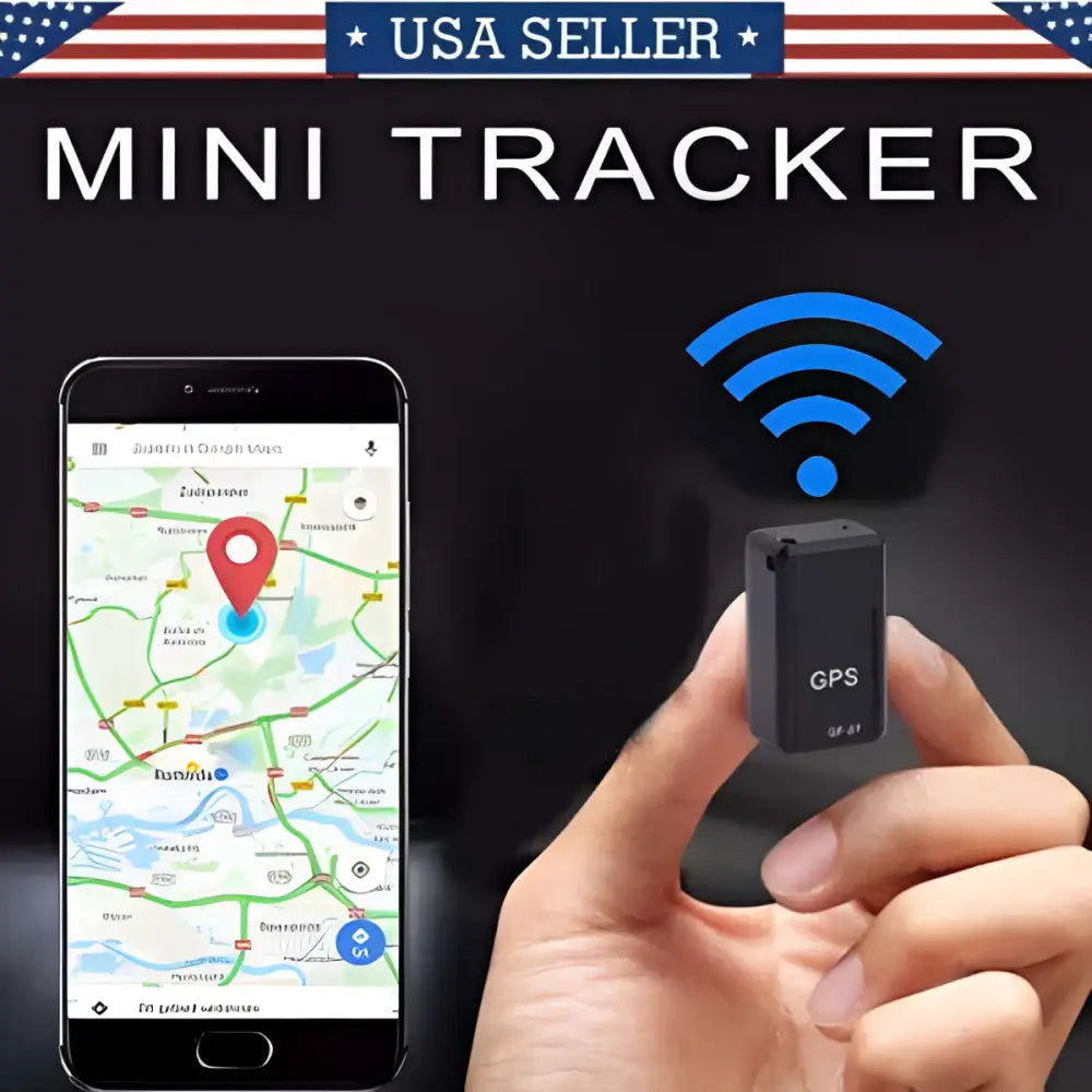 Black rectangular magnetic gf07 mini gps real time tracker held in hand with gps label and visible model number