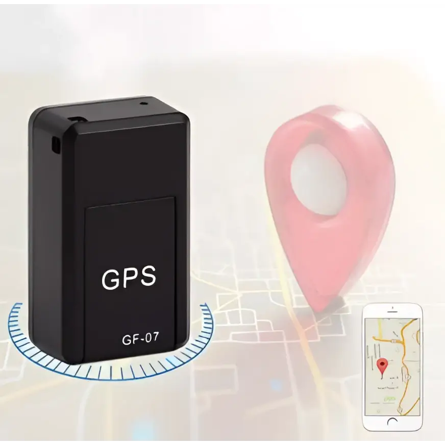 Black rectangular magnetic gf07 mini real time tracker gps device with gps and gf-07 printed on its front
